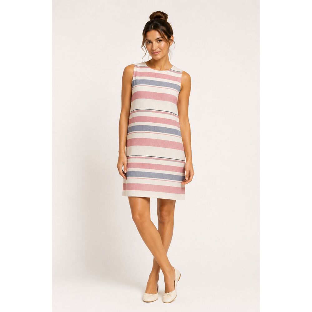 BeachLunchLounge Alina Stripe Linen Cotton Shift Dress Pink White NWT Sz M